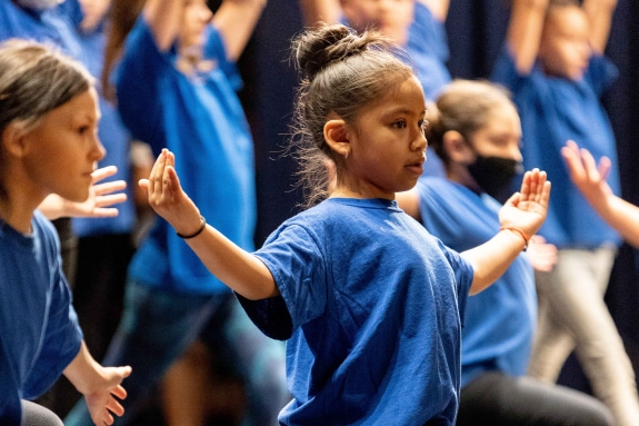 children in blue shirt presenting