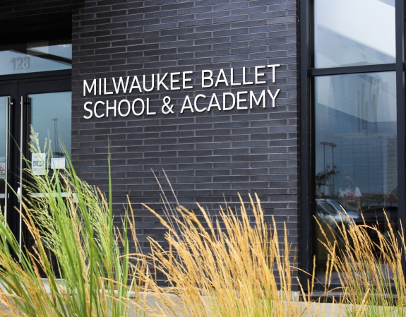 Milwaukee Ballet School and Academy signage on the Baumgartner Center for Dance building